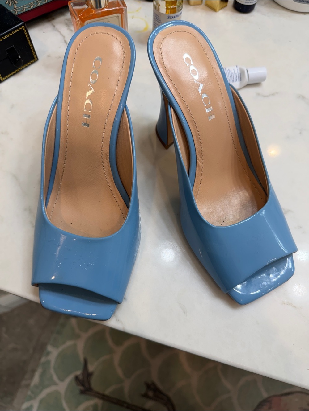 Coach Light Blue Patent Leather Open-Toe Mule Heels